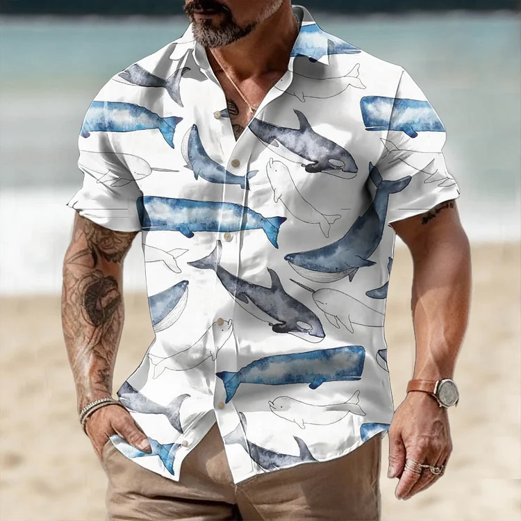 Men's Watercolor Whales Hawaiian Beach Short Sleeve Shirt socialshop