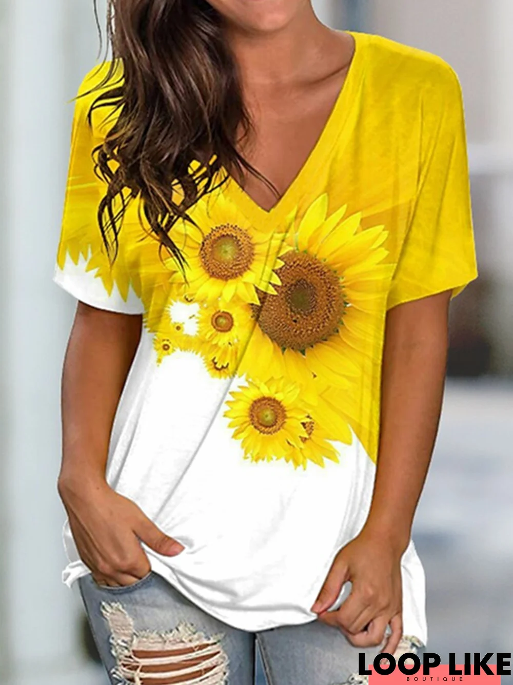 V neck Sunflower Short Sleeve Casual T-Shirt