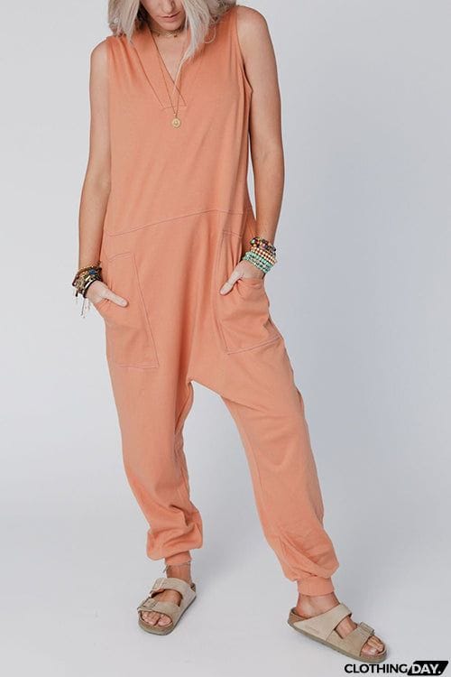 V Neck Solid Sleeveless Pocket Jumpsuit