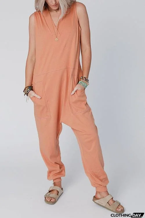 V Neck Solid Sleeveless Pocket Jumpsuit