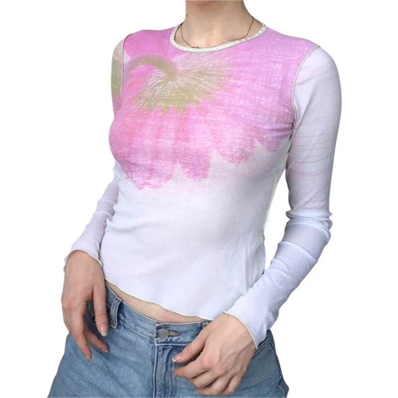 Xingqing Vintage Fashion Print Y2K Female T-shirt Autumn Crop Top Tee Aesthetic Long Sleeve T shirt Grunge Fairycore Pullovers