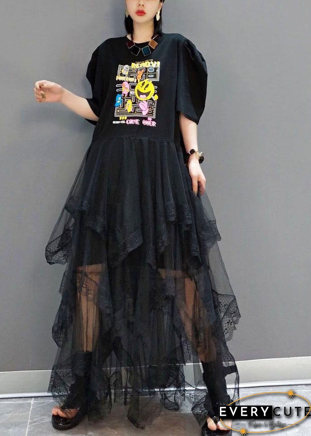 Plus Size Black O-Neck Print Half Sleeve Fall Dresses