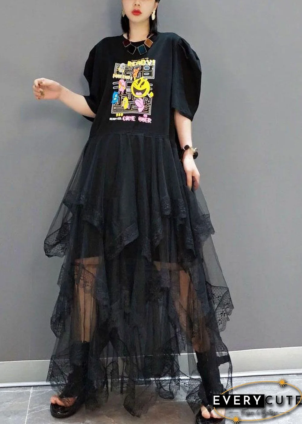 Plus Size Black O-Neck Print Half Sleeve Fall Dresses