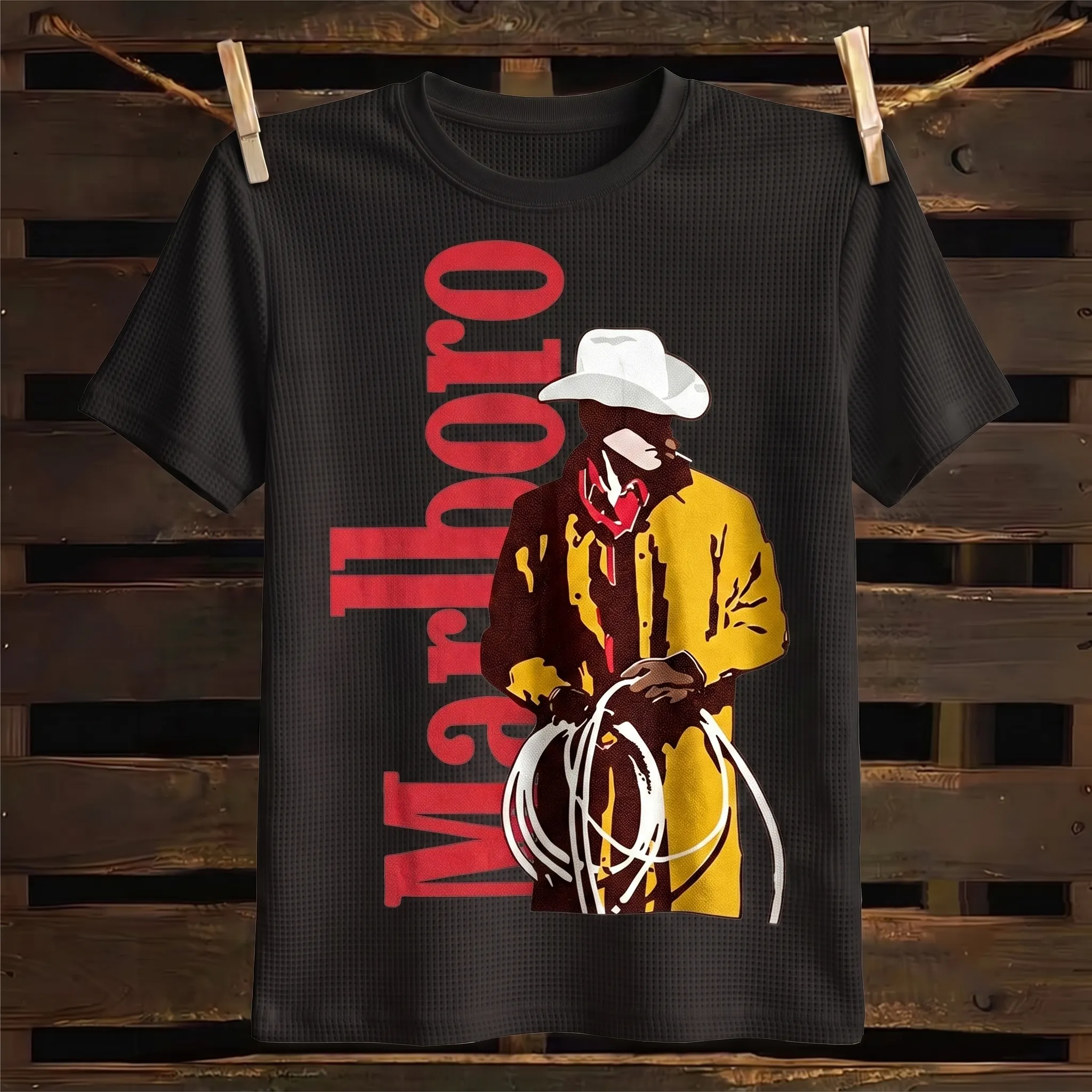 Western Cowboy Graphic Print Waffle Knit T-Shirt