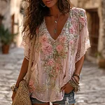 Women's Retro Boho Pink Floral Embroidered Art V-neck Short Sleeve T-shirt - Image 3