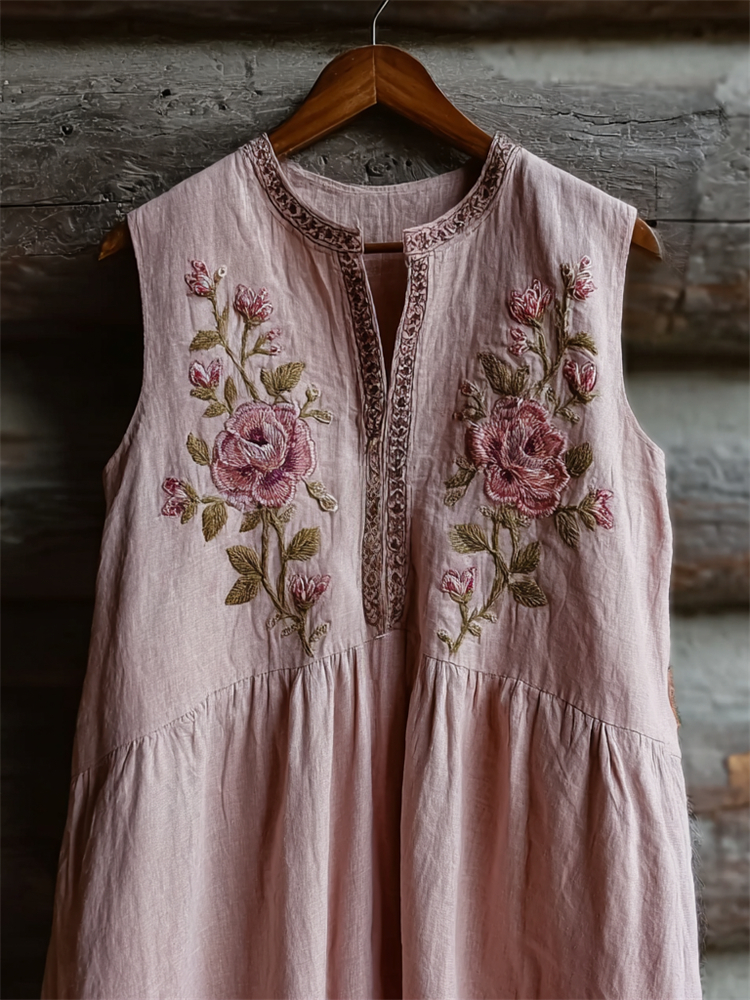 Vintage Pink Roses Art Linen Tank Dress elevenforest