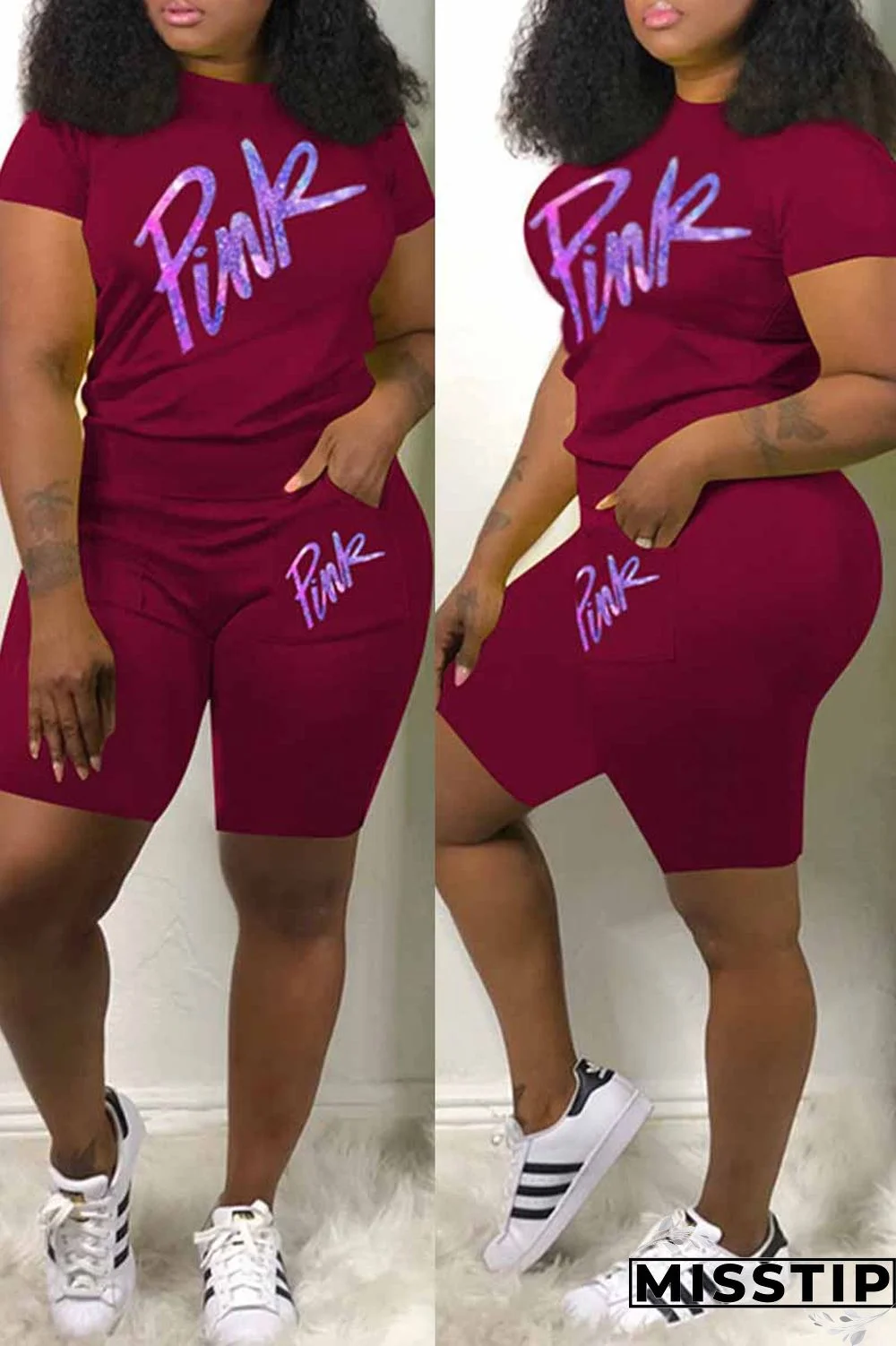 Burgundy Casual Print Letter O Neck Short Sleeve Two Pieces