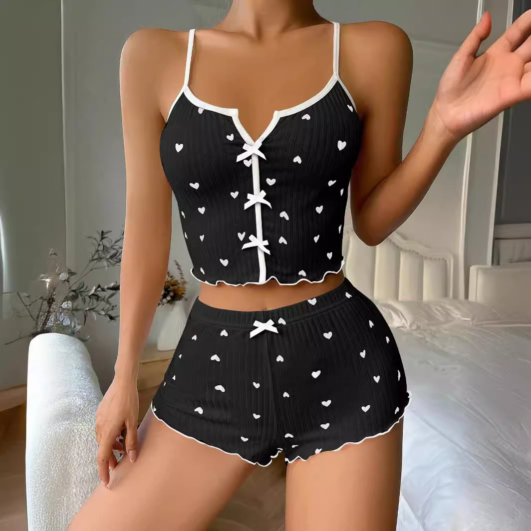 Heart-shaped Print Contrasting Color Home Wear Front Slit Suspender Pajamas Set High Elastic Suit