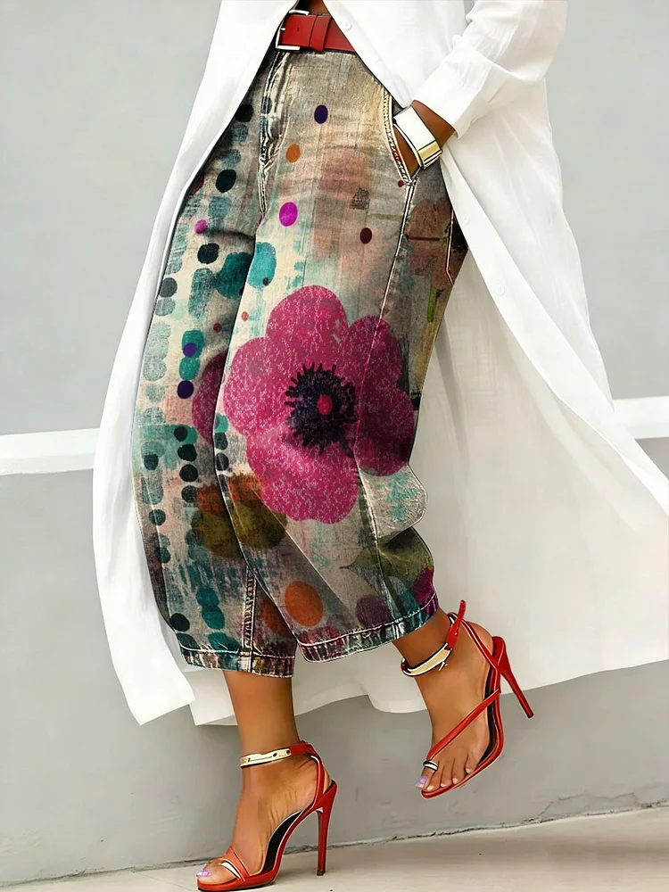 Women's Vintage Floral Print Casual Jeans