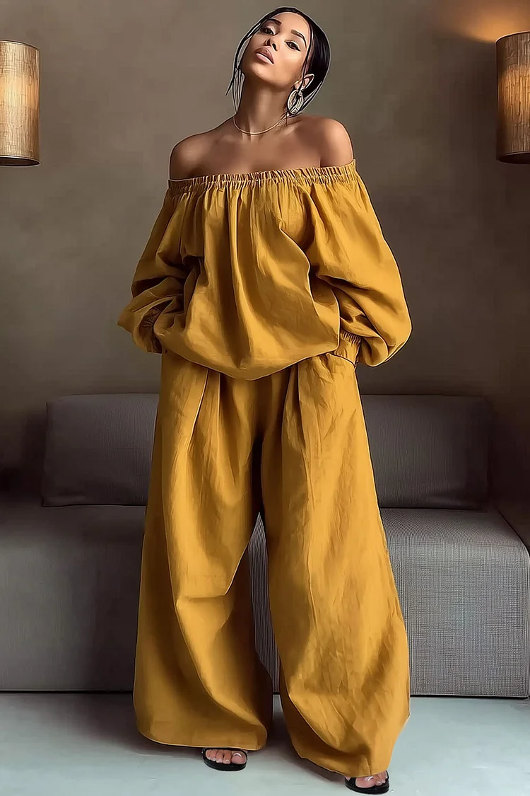 Off Shoulder Lantern Sleeve Top Wide Leg Pants 2pcs Set-Yellow [Pre Order]