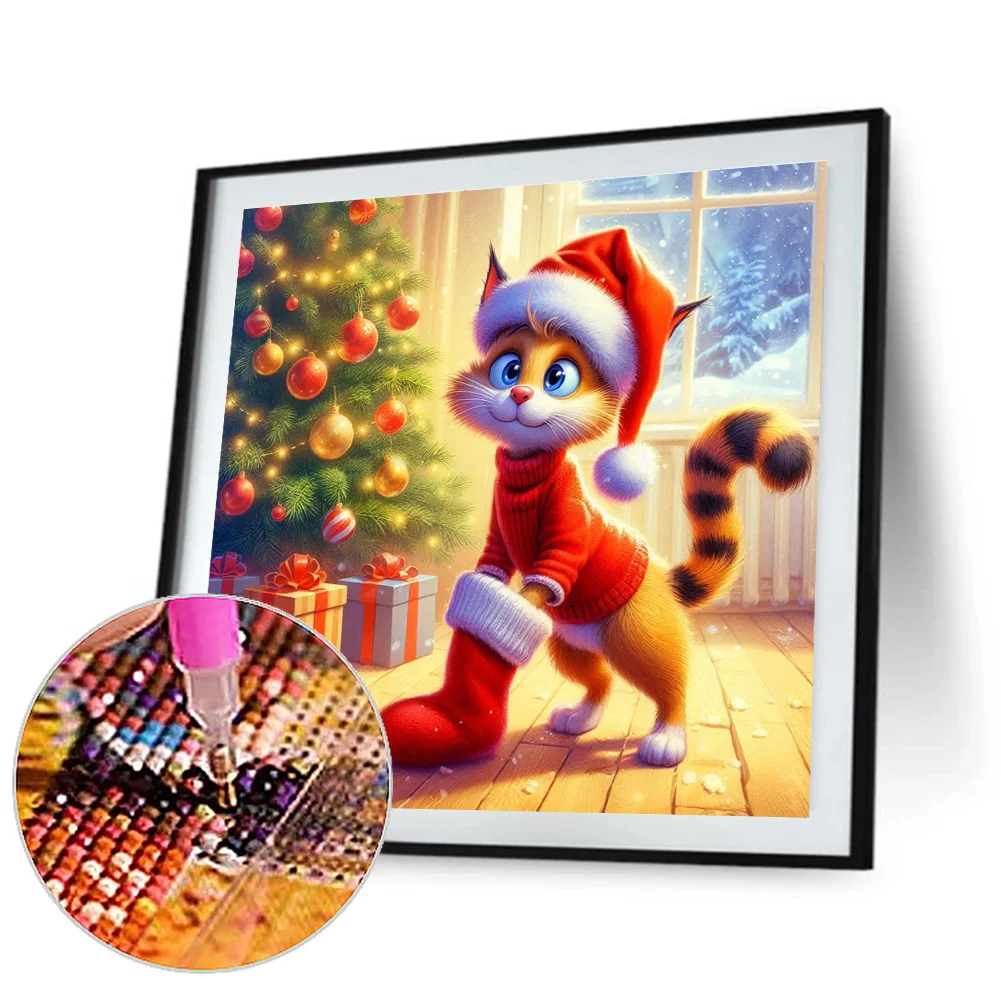 Diamond Painting - Full Round Drill - Christmas Cat(Canvas|30*30cm)