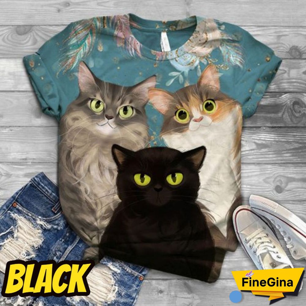 Cute Cat Printed T Shirt Fashion Women O Neck Loose Top Family Casual Funny Animals Graphic Tee Short Sleeves Top Plus Size XS-5XL