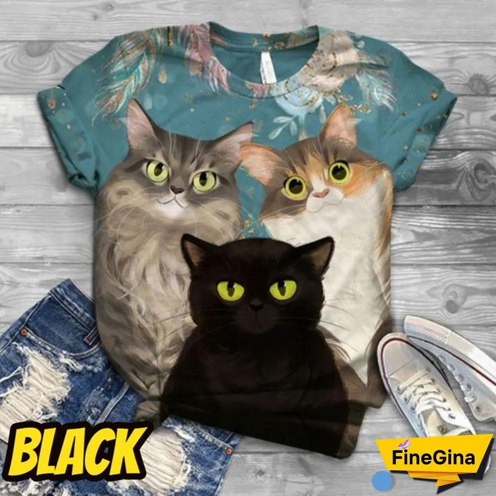 Cute Cat Printed T Shirt Fashion Women O Neck Loose Top Family Casual Funny Animals Graphic Tee Short Sleeves Top Plus Size XS-5XL