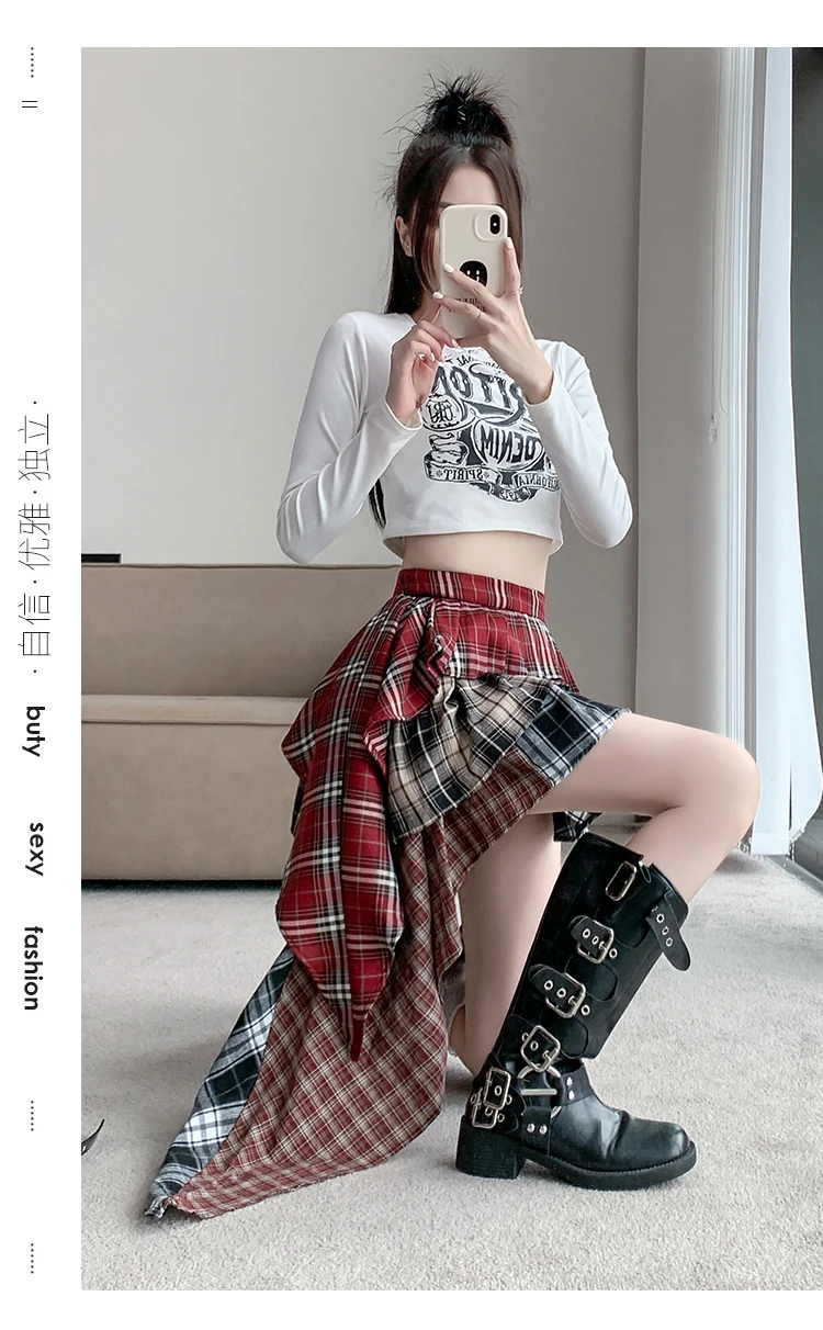 Hoakwheels Spicy Girl Patchwork Plaid Skirt Spring/Autumn New Irregular Fashion High Waist Slimming Ruffle A-line Short Skirt for Women