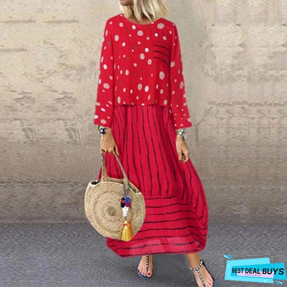 Polka Dot Plus Size Loose Fake Two-Piece Cotton and Linen Dress