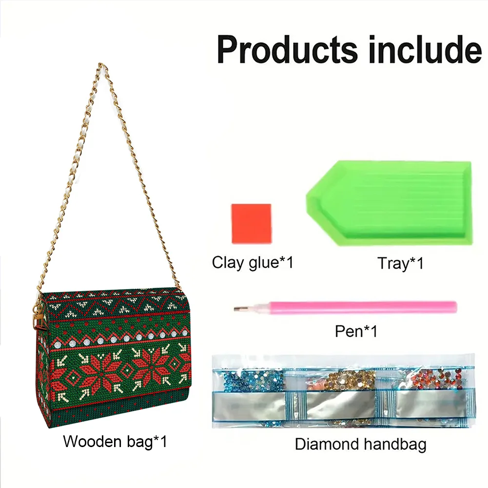 DIY Knitted Diamond Art Wooden Coin Pouch with Chain 5D Diamond Painting Purse