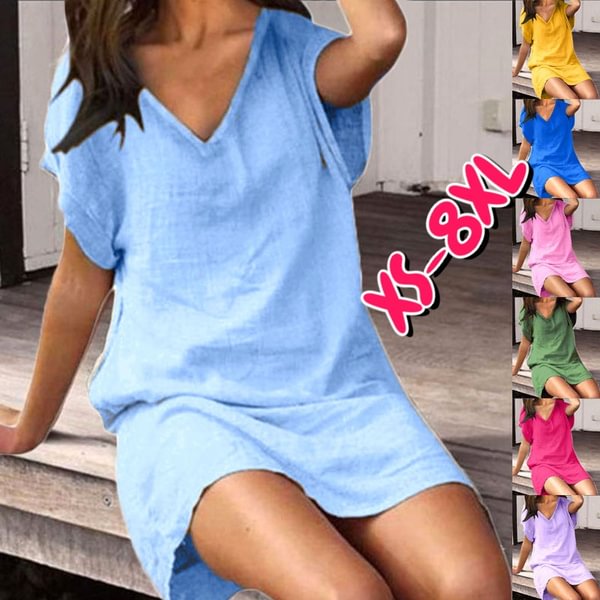 XS-8XL Plus Size Fashion Women's Casual Summer Dresses Short Sleeve T-shirt Linen Dress Ladies V-neck Mini Dress Beach Dress Solid Color Party Dress - Shop Trendy Women's Clothing | LoverChic