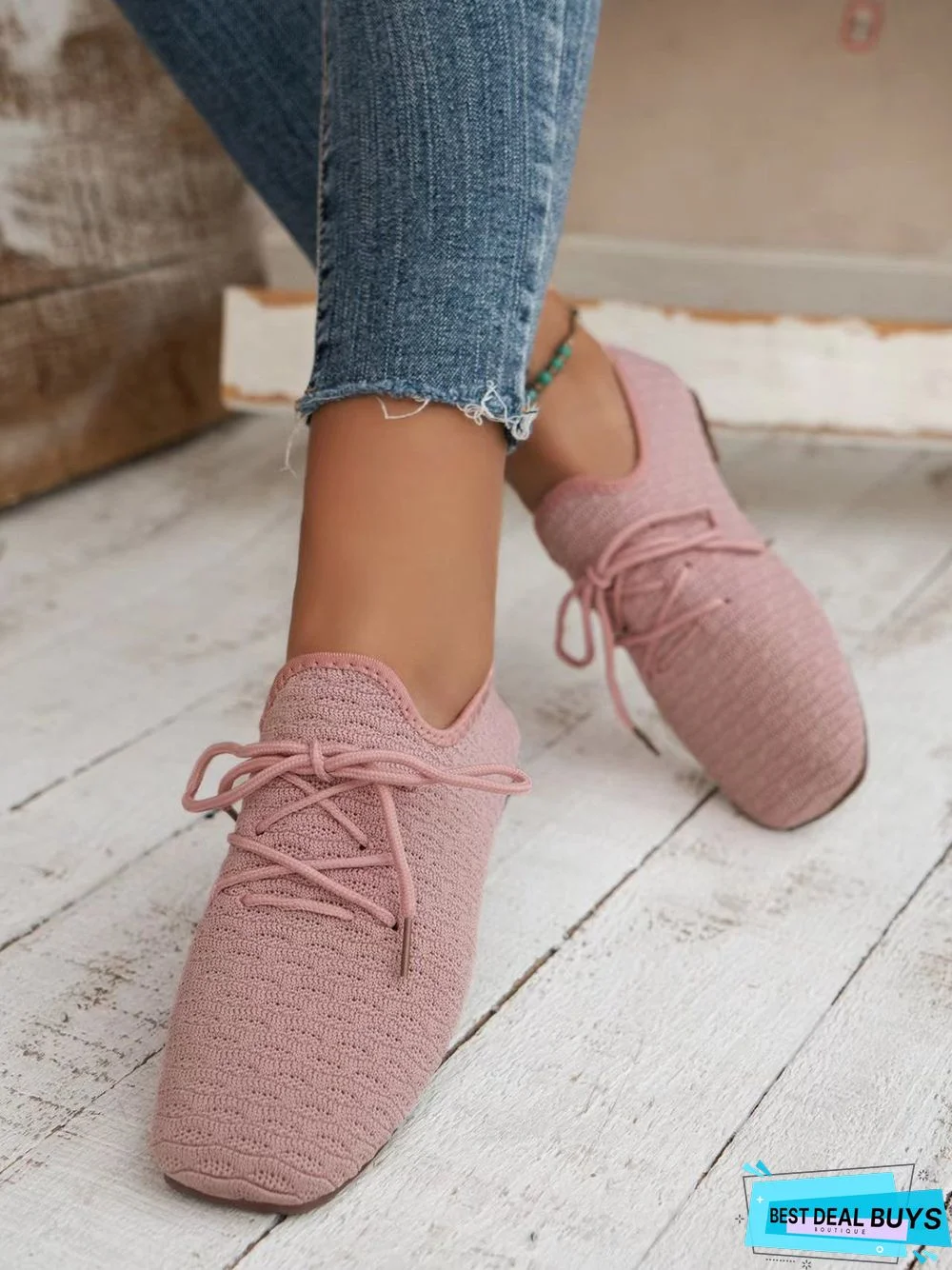 Breathable Mesh Fabric Soft Sole Lace-up Decor Flat Shoes
