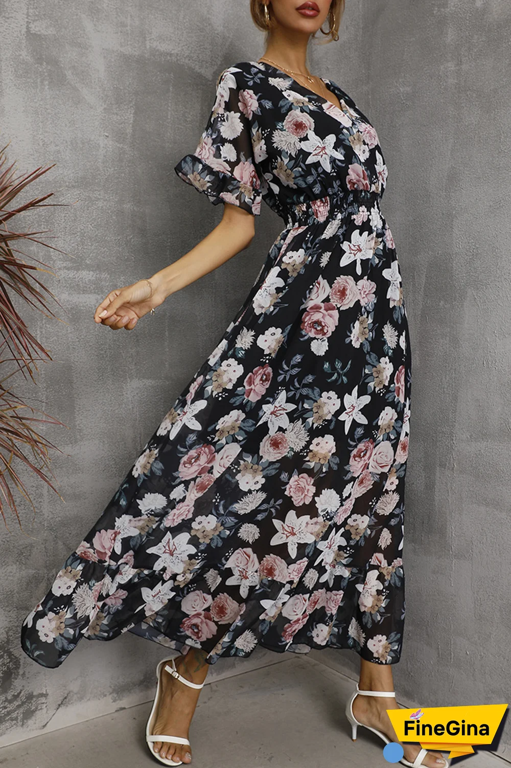 Elegant Floral Split Joint Flounce V Neck Waist Skirt Dresses(4 Colors)