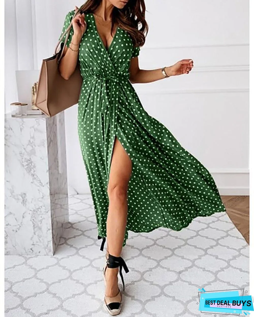 Women's Wrap Dress Maxi Long Dress - Short Sleeve Polka Dot Print Summer V Neck Hot Casual Sexy Black Blue Blushing Pink Dark Green Black Dresses