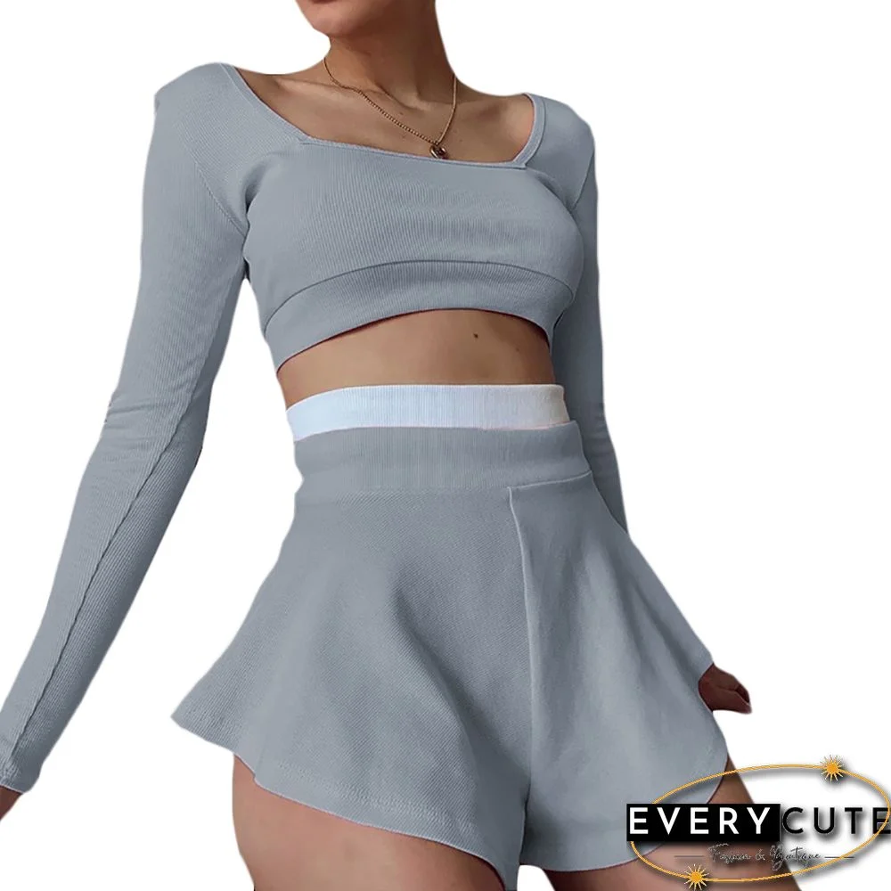 Gray Long Sleeve Rib Crop Top with Culottes Set