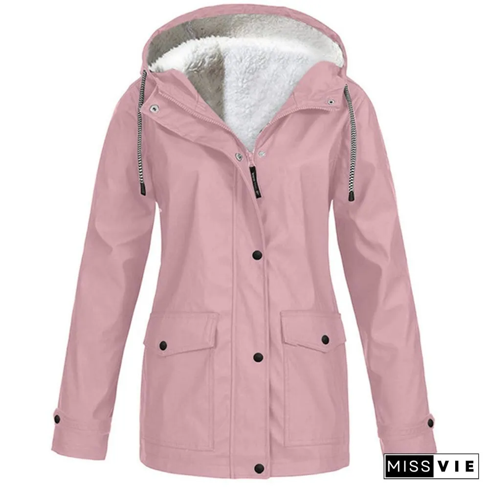Womens Fashion All Seasons Outdoor Waterproof Rain Jacket Casual Loose Plus Size Hooded