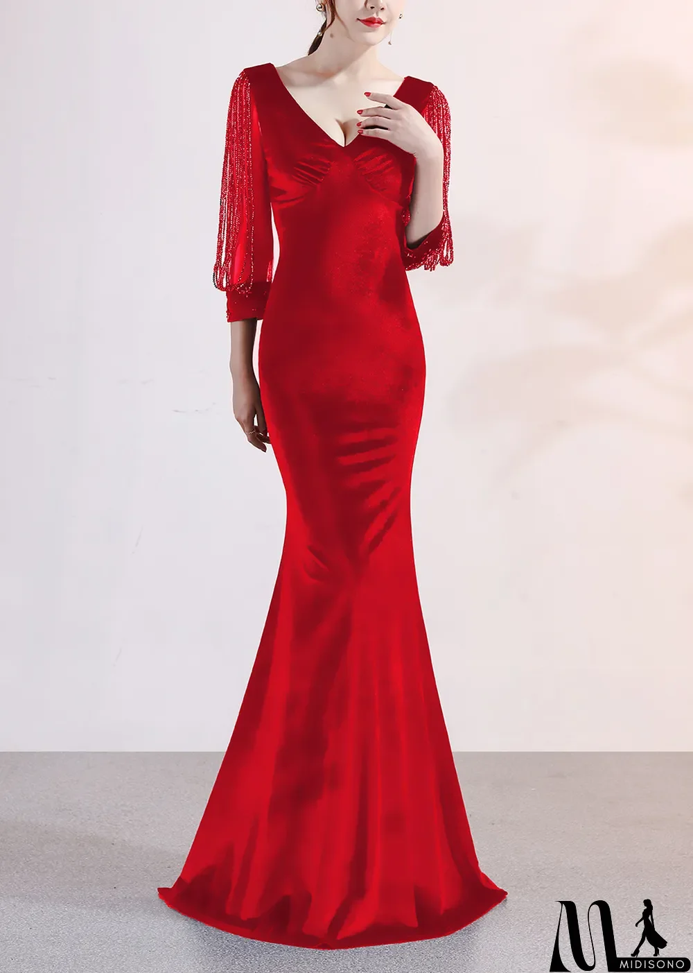 MidiSono - sexy velvet crystal diamond chain bride clothing winter long-sleeved mermaid long evening dress