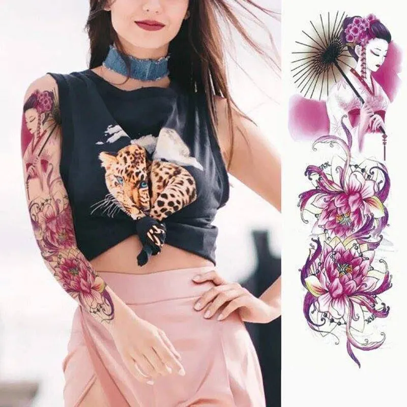 Full Flower Arm Temporary Tattoo Sticker Rose Clock Body Art Water Transfer Fake Tatoo Sleeve For Men Women