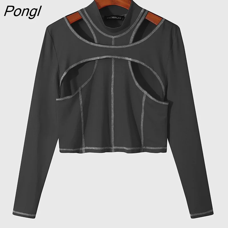 Pongl 2023 Men T Shirt Patchwork Turtleneck Long Sleeve Hollow Out Sexy Fashion Crop Tops Men Streetwear Casual Camisetas 5XL