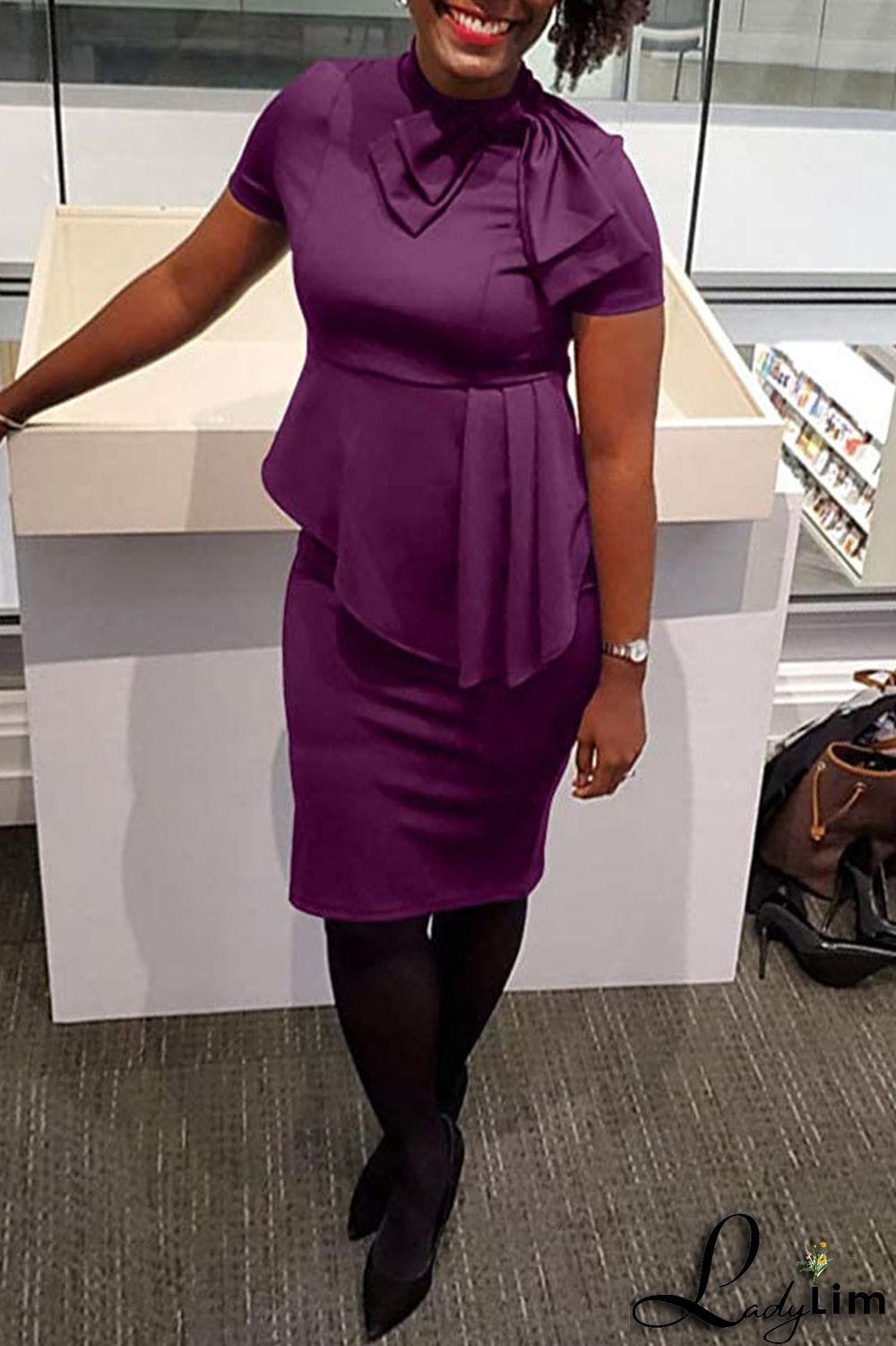 Coral Powder Casual Solid Patchwork Asymmetrical With Bow O Neck One Step Skirt Dresses