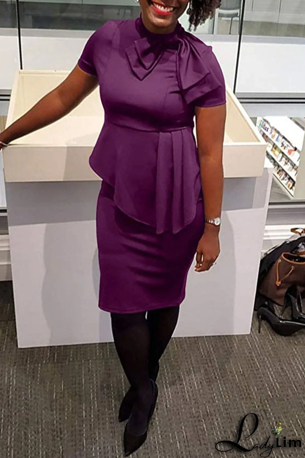 Coral Powder Casual Solid Patchwork Asymmetrical With Bow O Neck One Step Skirt Dresses