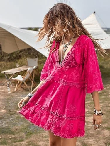 B2prity Women's Contrast Lace Bathing Suit Cover Up V-Neck Swimsuit Coverups Loose Swimwear Beach Dress Beachwear