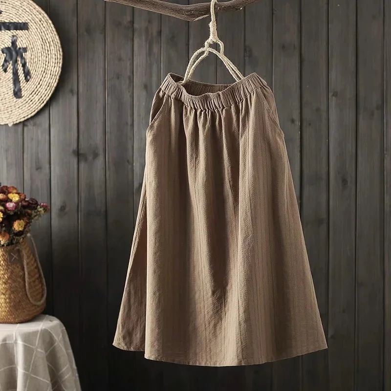 Cotton Linen Vertical Stripe Casual Skirt
