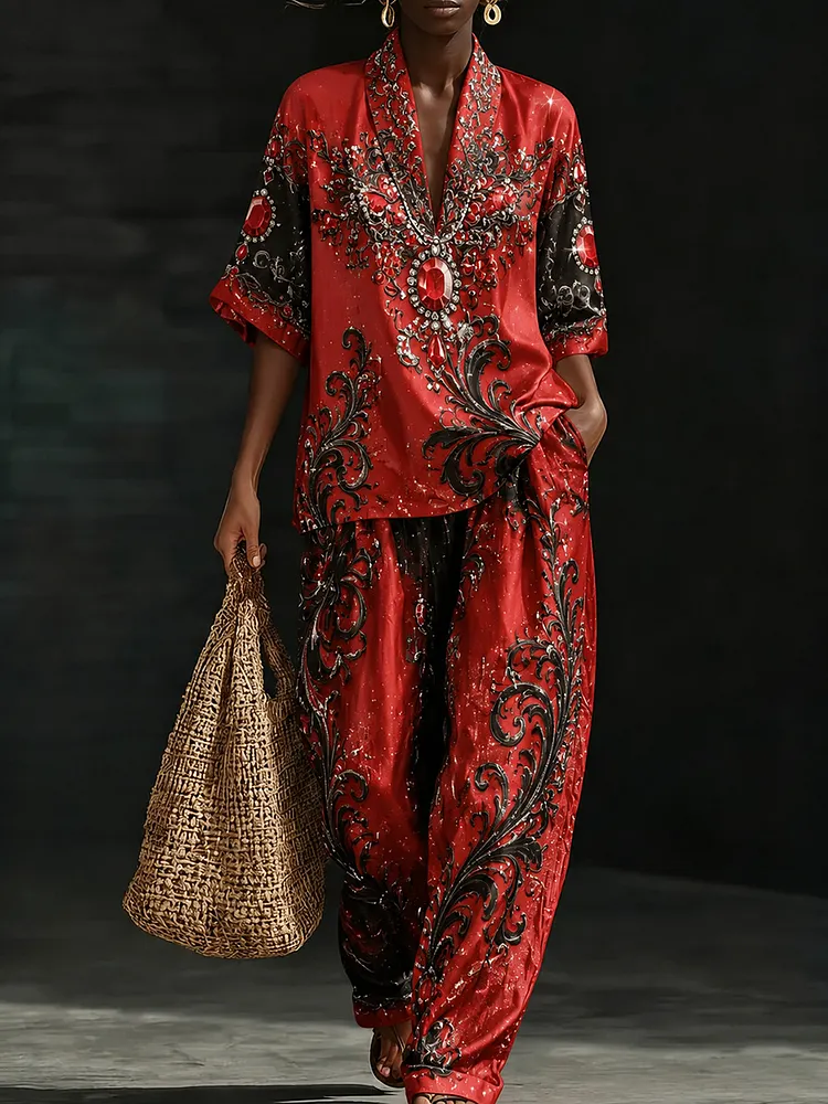 Red & Black Baroque Crystal  Two-Piece Set &ndash; Luxury Statement Resort Wear with Ornate Jewel Details