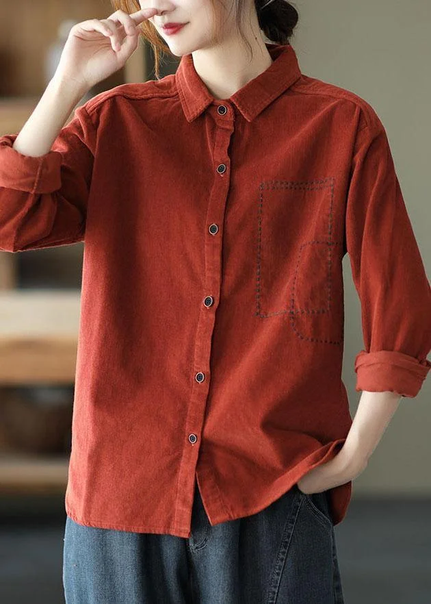 Style Red Retro Peter Pan Collar Button Fall Corduroy Long Sleeve Tops