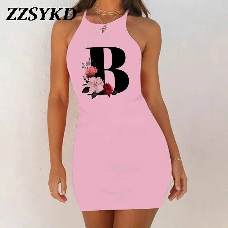 26 English Alphabet Print Summer Sexy Clothes Women Dresses 2020 Plus Size Dress Bodycon Evening Party O-Neck Pink Mini Vestidos