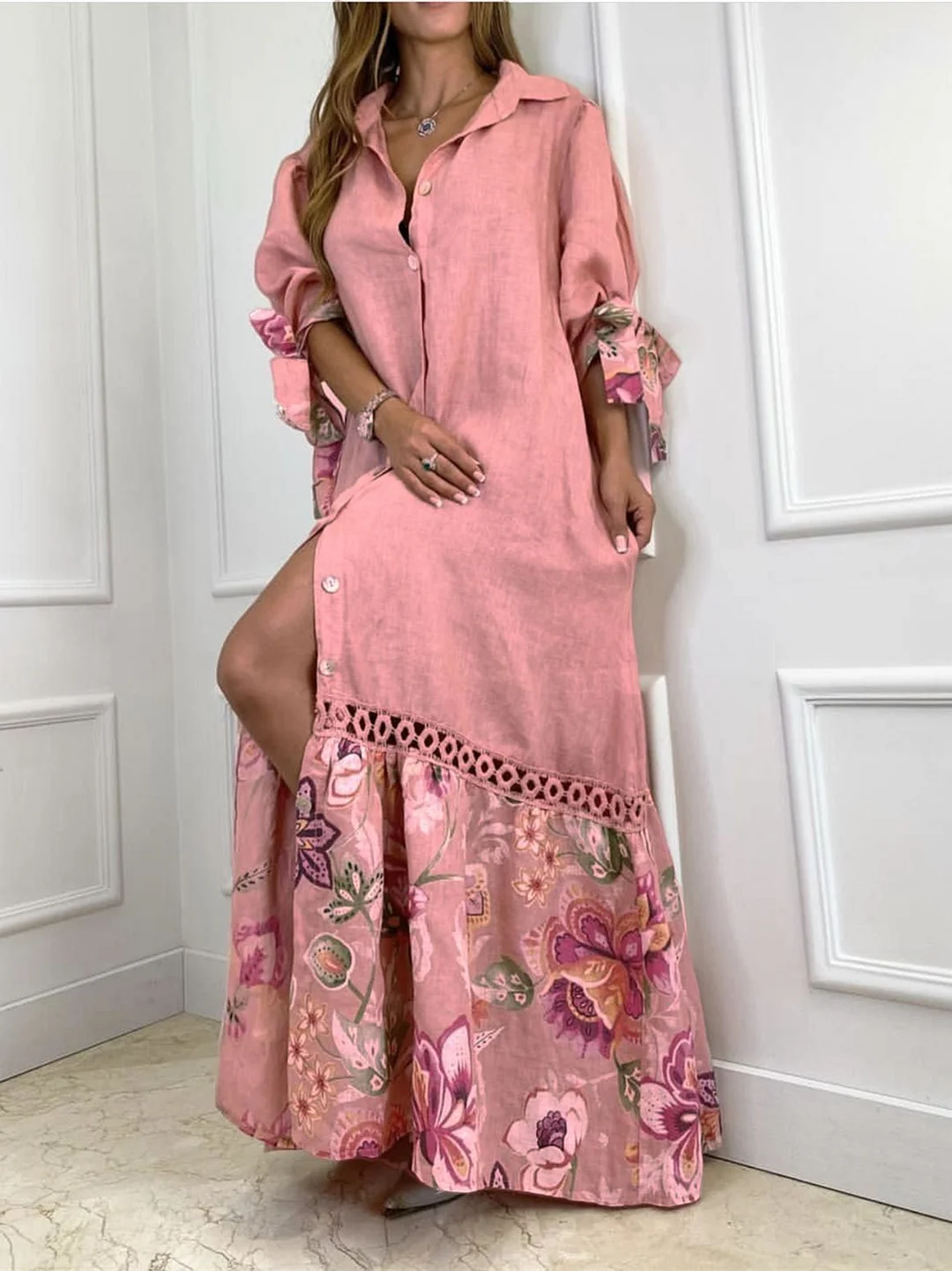 Style & Comfort for Mature Women Women's 3/4 Sleeve V-neck Floral Printed Bow Maxi Dress