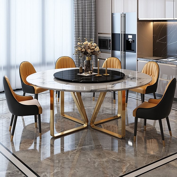 Homemys Modern Round Marble Dining Table with Lazy Susan