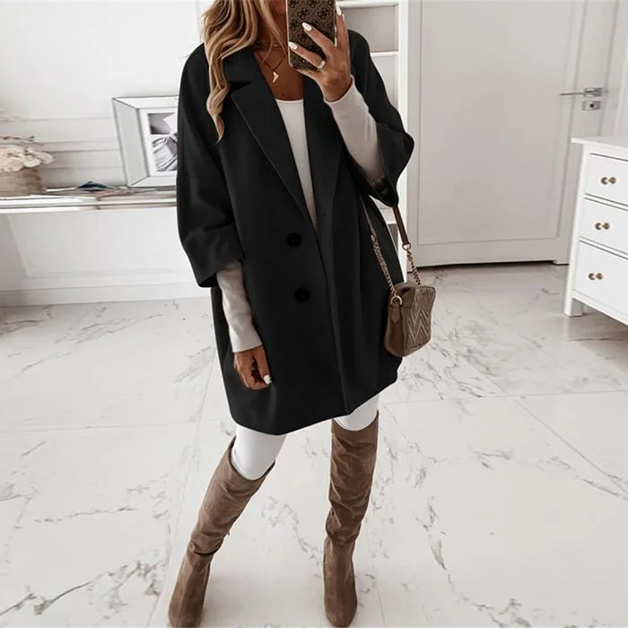 Women Pockets Solid Loose Woolen Coat