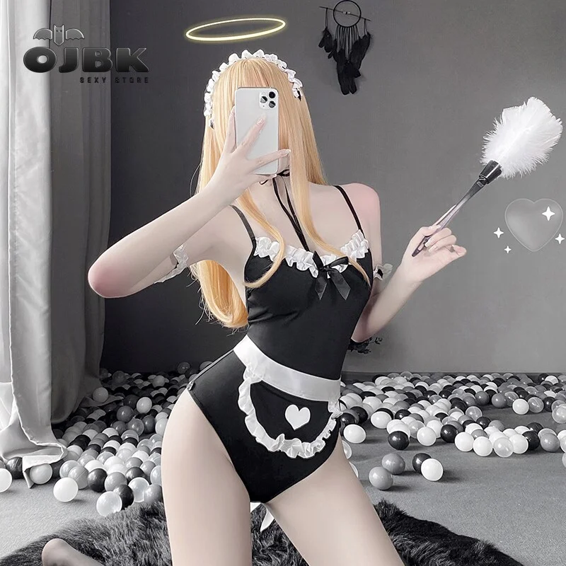 Billionm OJBK Women Sexy Lingerie Maid Cosplay Outfit Hidden Button With Sexy Lace Apron One-Piece Bodysuit