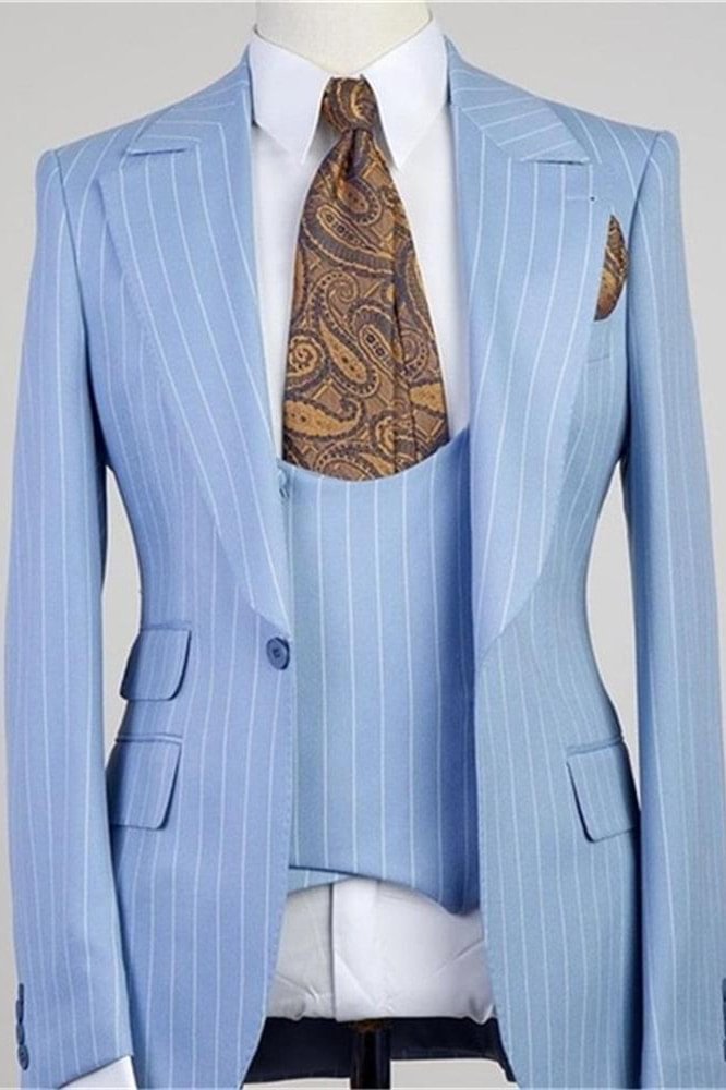 Stylish Peaked Lapel Blue With Stripe Groomsmen Tuxedos 3 Pieces | Ballbellas Ballbellas