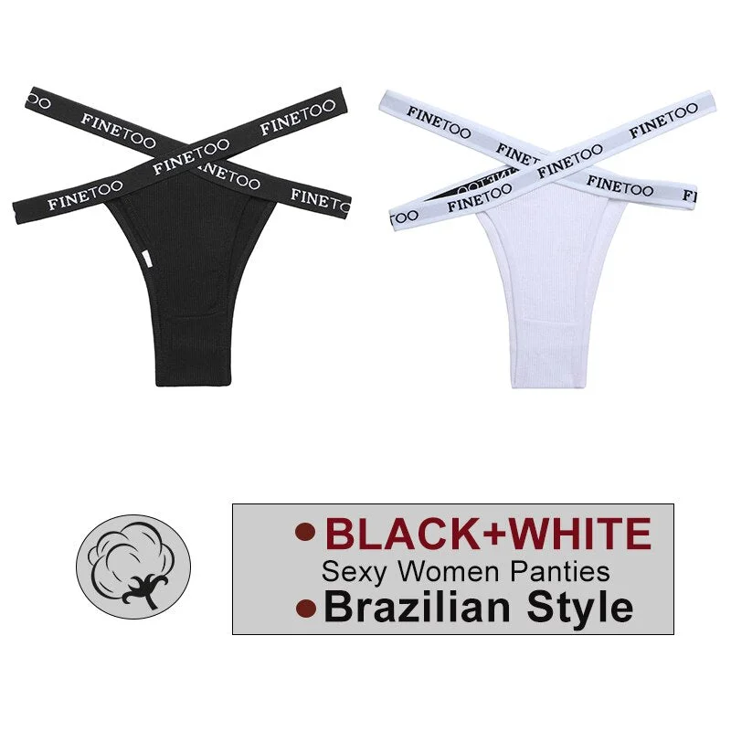 FINETOO 2PCS/Set Women's Cotton Letter Panties Hollow Out Brazilian Pantys Fashion Thong Femme Cross Strap Sexy Woman Underwear