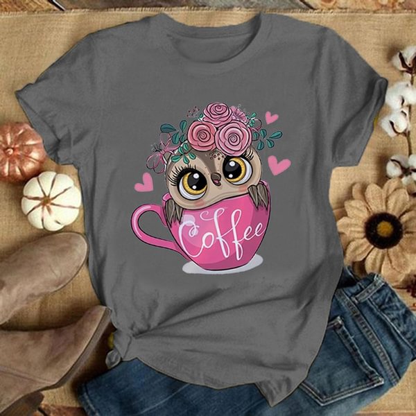 Women and Girls Cute Owl Printed T-shirt Ladies Fashion Casual Plus Size Graphic Tee O-neck Short Sleeve Summer T Shirt Tops - BlackFridayBuys