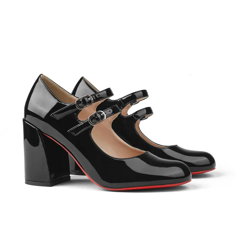 85mm Chunky Low Block Heels Mary Jane Closed Toe Work Pumps Comfortable Round Toe Dress Wedding Red Bottom Shoes VOCOSI VOCOSI