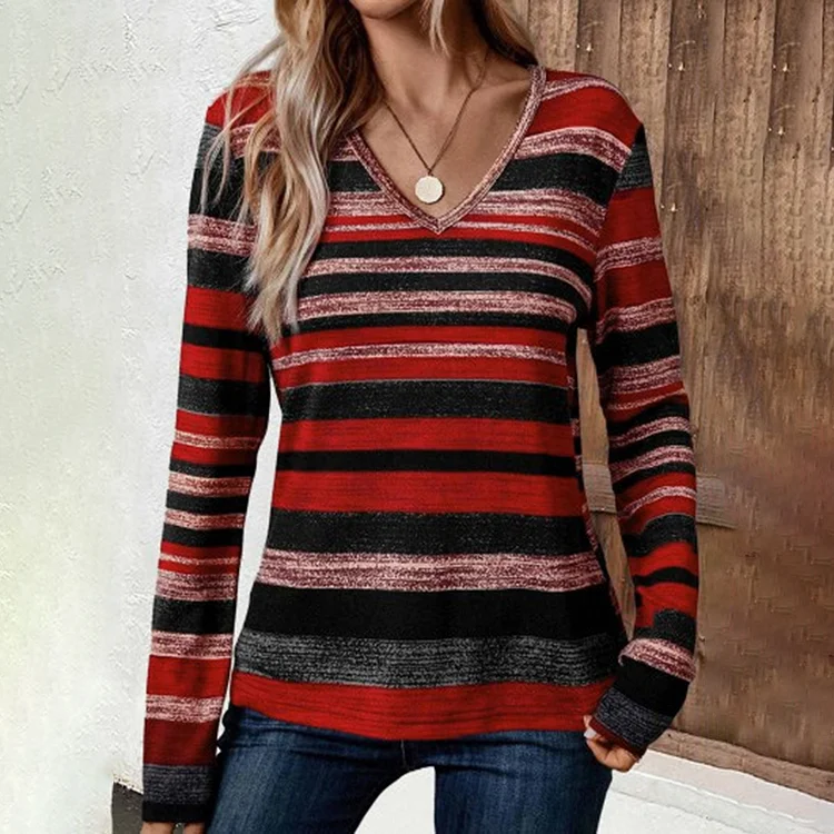 VChics V-Neck Striped Casual Long Sleeved T-Shirt