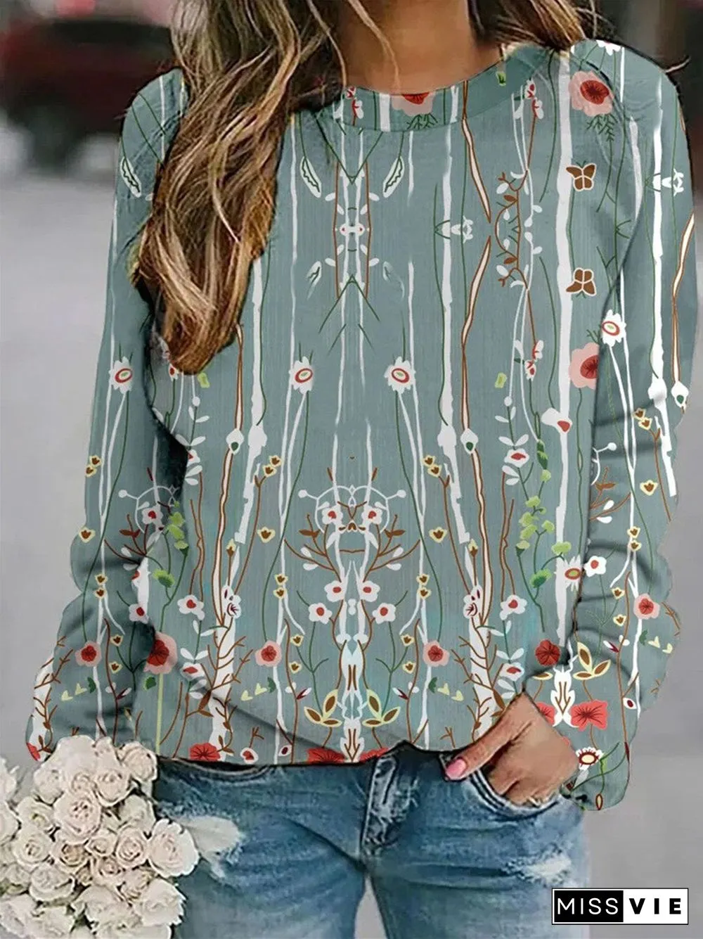 Women's Floral Scoop Neck Long Sleeve Graphic Floral Printed Top