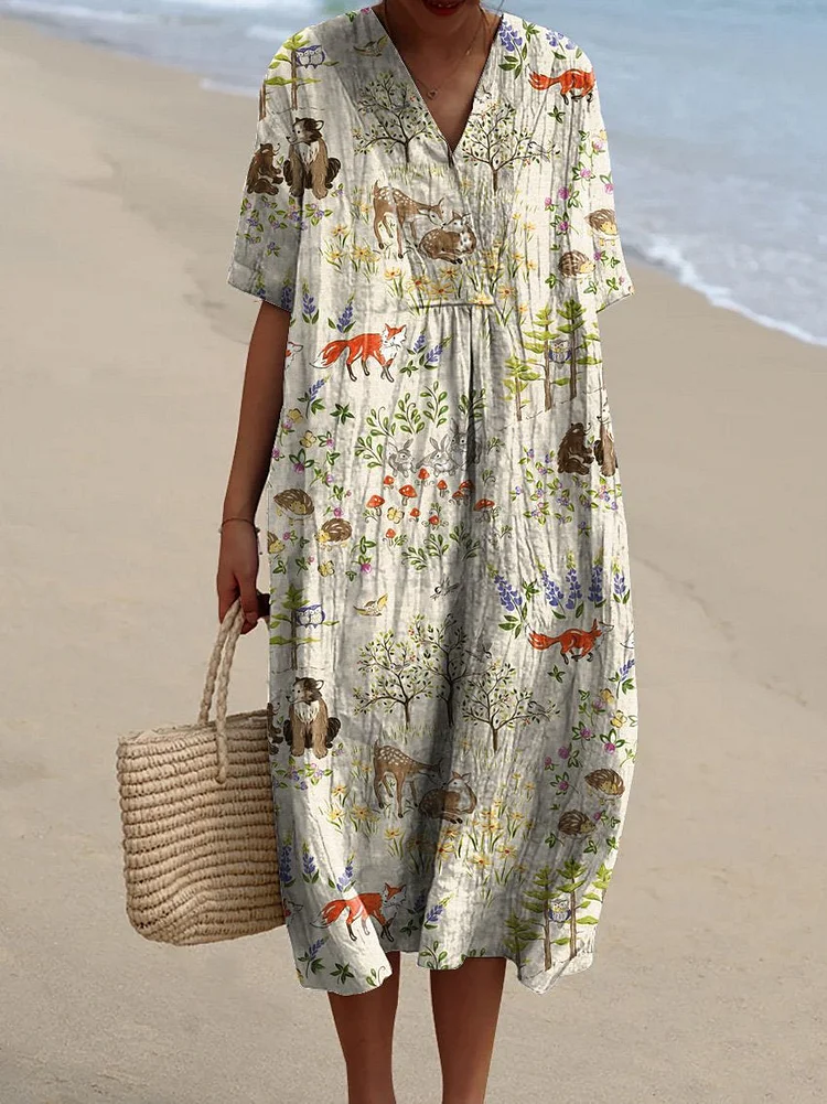 Countryside Style Woodland Animals Pattern Printed Women's Flowy Dress