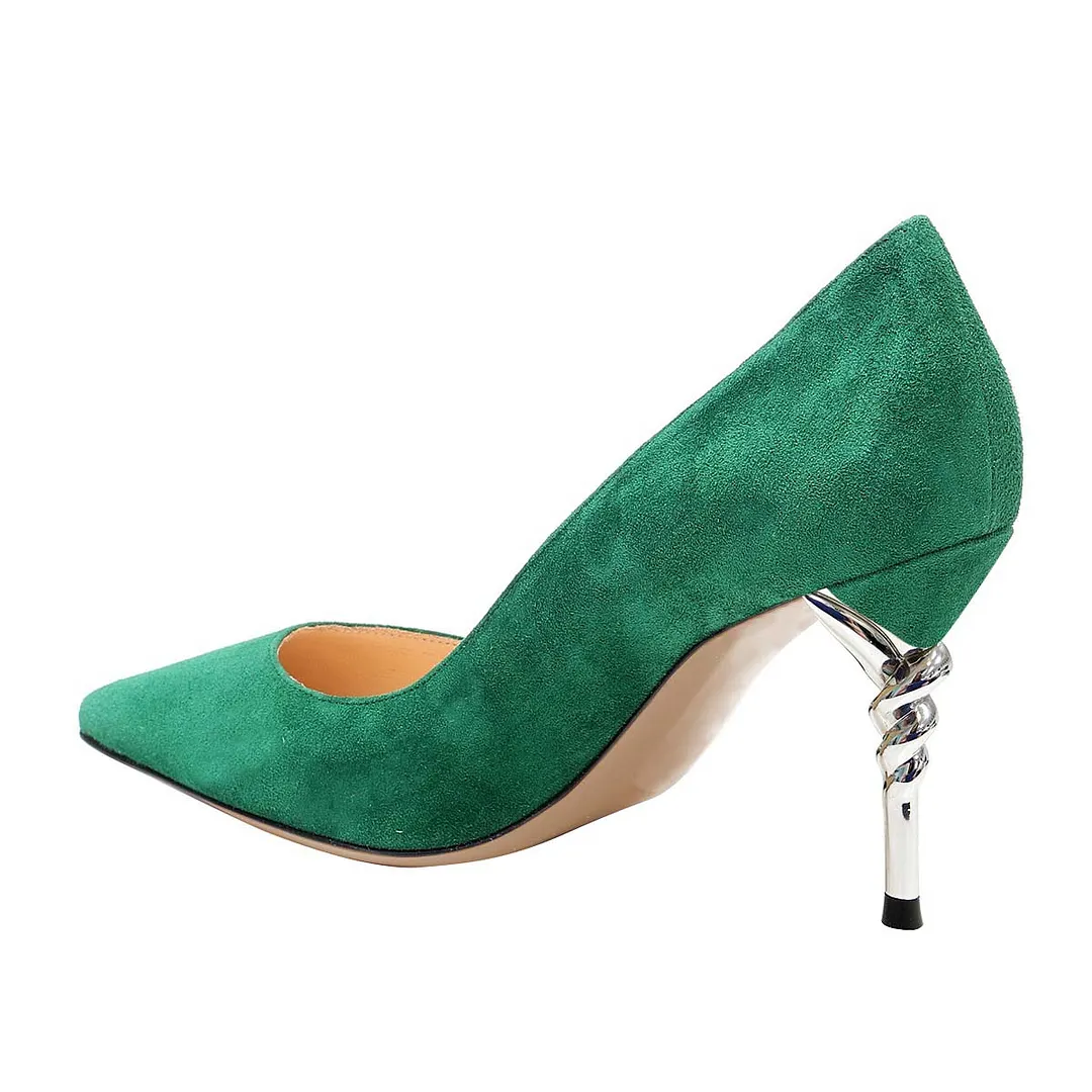 Green Vegan Suede Pointed Toe Decorative Heel Pumps for Women