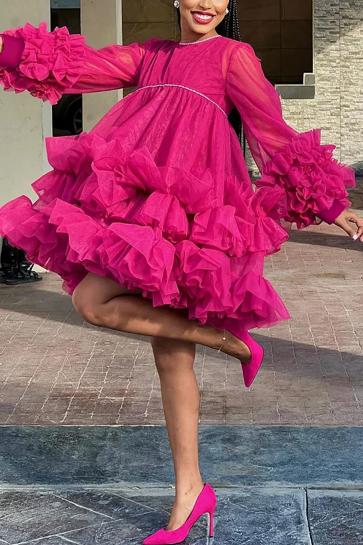 Xpluswear Plus Size Hot Pink Party Ruffle Tulle Layer Mini Dress 