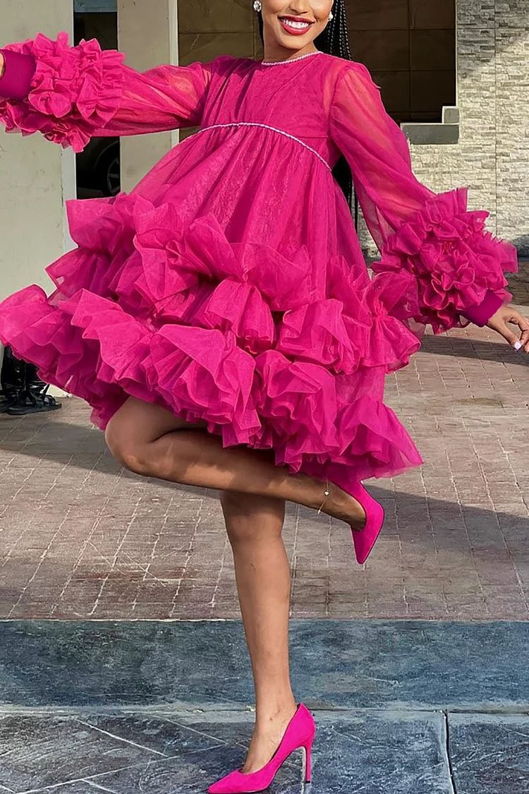 Xpluswear Plus Size Hot Pink Party Ruffle Tulle Layer Mini Dress [Pre-Order]